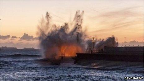 Picture taken at the seafront in Cleethorpes, date 06/12/2013 09:15am. Waves hit (smash against) the seafront at Cleethorpes, during stormy weather