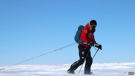 Prince Harry leads Team UK out of the starting blocks into the snow on day one of the South Pole challenge