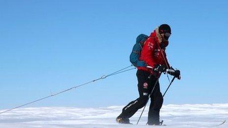 Prince Harry leads Team UK out of the starting blocks into the snow on day one of the South Pole challenge