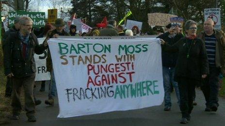 Anti-fracking protesters at an exploratory gas drilling site in Salford