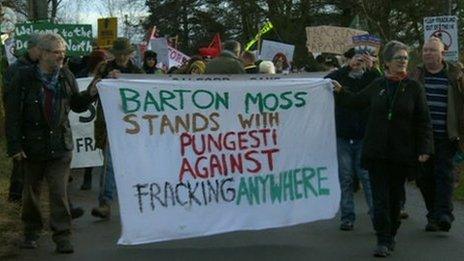 Anti-fracking protesters at an exploratory gas drilling site in Salford