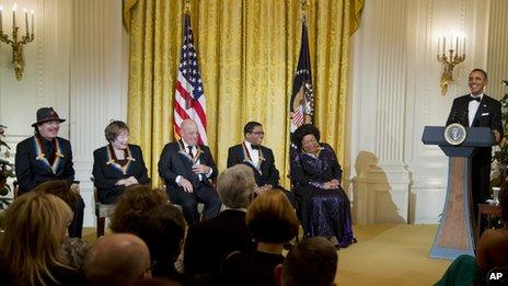 Carlos Santana, Shirley MacLaine, Billy Joel, Herbie Hancock and Martina Arroyo with President Obama