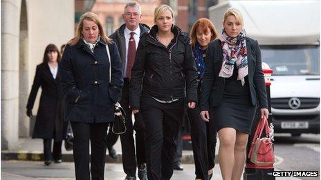 Family members and loved ones of killed British soldier Lee Rigby, mother Lyn Rigby (L), stepfather Ian Rigby (2L), sister Sara McClure (C), fiancee Aimee West