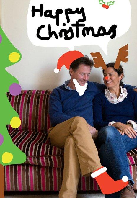 Photo of Nick Clegg and wife Miriam for their Christmas card after their children added computer doodles to it