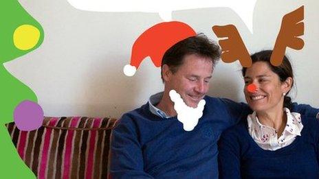 Photo of Nick Clegg and wife Miriam for their Christmas card after their children added computer doodles to it