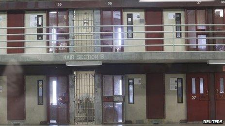 A cell row is seen at the Secure Housing Unit (SHU) during a media tour at the Corcoran State Prison in Corcoran, California 1 October 2013