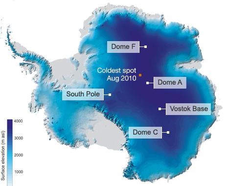 The 2010 cold spot was just south of a ridge running between Dome A and Dome F