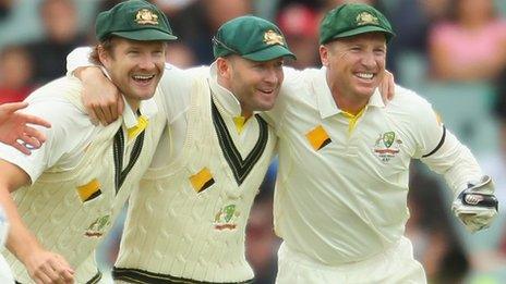 Shane Watson, Michael Clarke and Brad Haddin of Australia