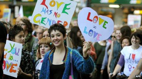 Participants in a pro-marriage equality rally march through the streets of Sydney on 12 May 2012