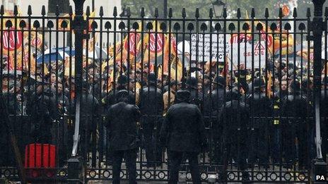 Firefighters protesting outside the gates of Downing Street in London