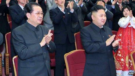 File photo: Chang Song-thaek (left) and North Korean leader Kim Jong-un (right) at the People's Theatre in Pyongyang, 15 April 2013