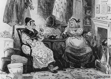 Two women drinking in a drawing based on a scene in Martin Chuzzlewit by Charles Dickens