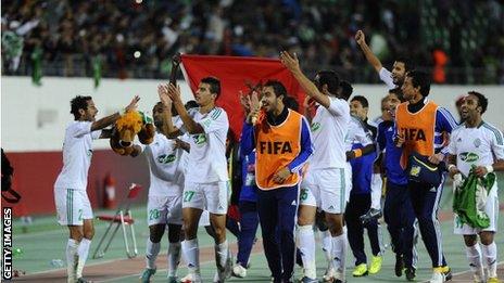 Raja Casablanca's players celebrate victory over CF Monterrey in Agadir