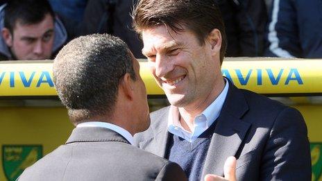 Swansea City manager Michael Laurup with Norwich City Manager Chirs Hughton