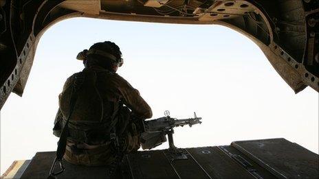 British army Chinook aircrewman in silhouette