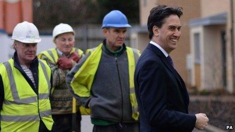 Ed Miliband meets construction workers at a housing development in Stevenage