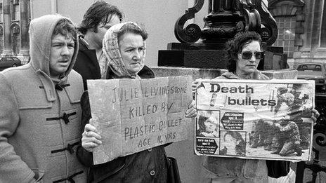 Campaigners protesting against the use of plastic bullets in the early 1980s