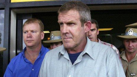 Bradley Murdoch with police at Darwin airport on 24 November 2003