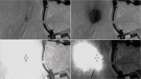 Four images taken from a drone showing a vehicle being targeted then destroyed