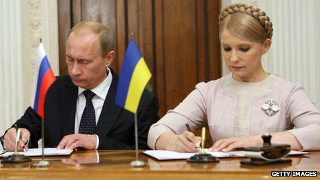 Russia's leader Vladimir Putin and Ukrainian former leader Yulia Tymoshenko