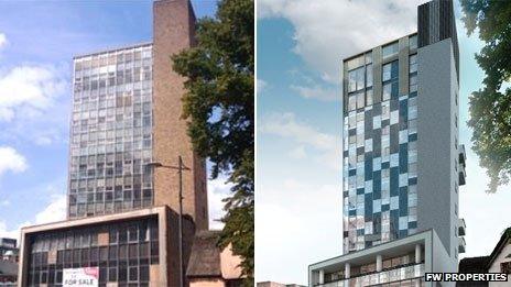 Westlegate Tower before the redevelopment and an artist's impression of how Westlegate Tower will look once completed