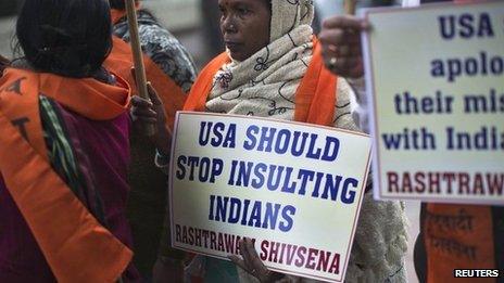 Supporters of Rashtrawadi Shiv Sena, a Hindu hardline group, carry placards during a protest near the US embassy in New Delhi 18 December 2013