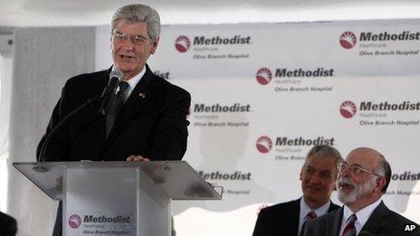 Mississippi Governor Phil Bryant addresses the hundreds gathered for Methodist Healthcare Olive Branch Hospital"s grand opening ceremony in Olive Branch, Mississippi 21 August 2013