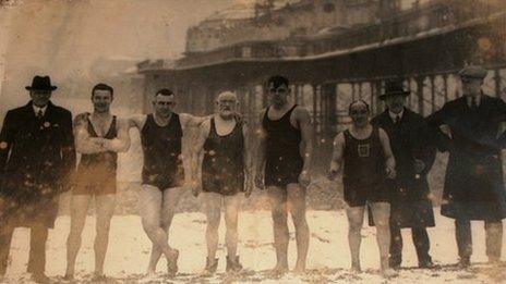 Swimmers standing in front of Palace Pier in 1929