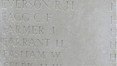 Pte Fagg's name on war memorial