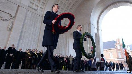 Prime Minister David Cameron and Irish Prime Minister Taoiseach Enda Kenny lay wreathes at the Menin Gate in Ypres, Belgium,