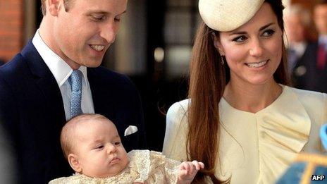 Duke and Duchess of Cambridge with Prince George at his christening on 23 October 2013