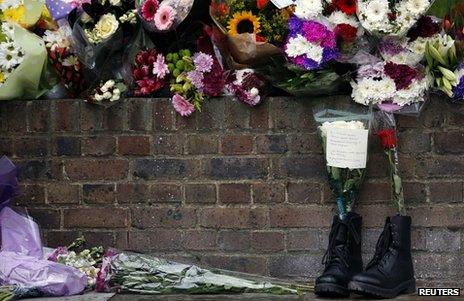 Floral tributes and a pair of Army boots left at the scene of Fusilier Lee Rigby's killing