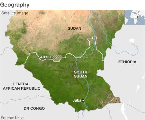 Map showing the geography of South Sudan