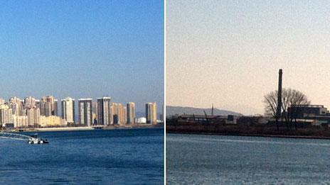 Dandong on the left, and on the right, North Korea