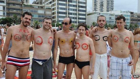 Men at Rio topless ban protest