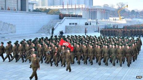 North Korean soldiers gathered at Kumsusan memorial palace in support of their leader Kim Jong-un in Pyongyang, in a photo released on 16 December 2013