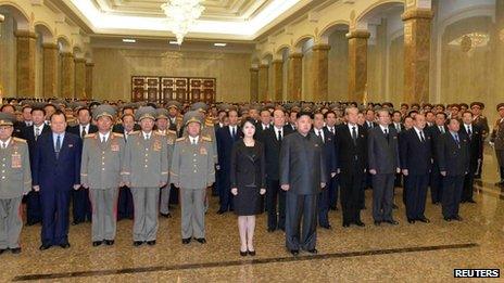 North Korean leader Kim Jong-un (centre, right) and his wife Ri Sol-ju (centre, left) visit the mausoleum of his father and former leader Kim Jong-il and his grandfather and state founder Kim Il-sung, during a ceremony marking the second anniversary of the death of Kim Jong-il in Pyongyang, 17 December 2013