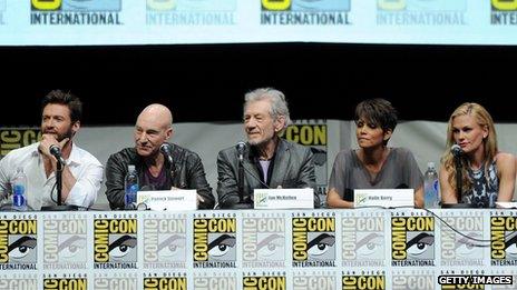 Hugh Jackman, Sir Patrick Stewart, Sir Ian McKellen, Halle Berry and Anna Paquin at Comic-Con in July 2013