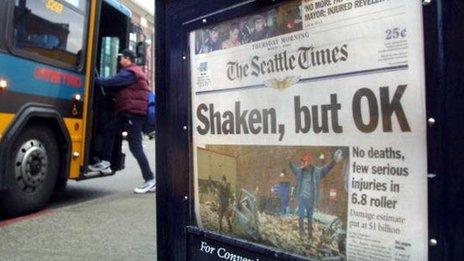 A Seattle Times newspaper on March 1, 2001, the day after the city experiences a 6.8 magnitued earthquake