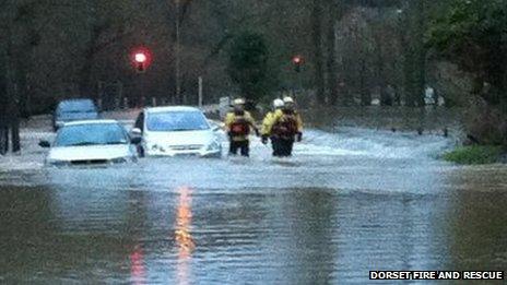 Floodwater rescue in Sturminster Newton