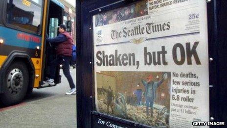 A Seattle Times newspaper on March 1, 2001, the day after the city experiences a 6.8 magnitude earthquake