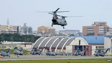 File photo: a US Marines helicopter takes off from the US Marine Corps Air Station Futenma in Ginowan, Okinawa prefecture, 26 April 2010