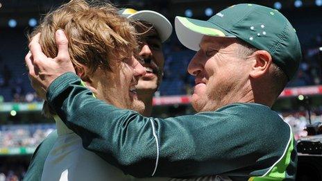 Shane Watson and Brad Haddin celebrate Australia's victory