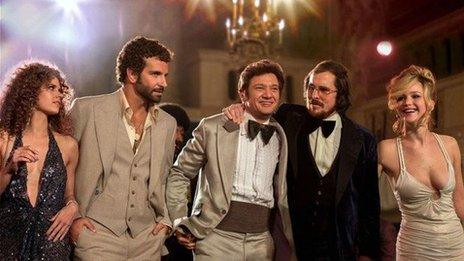 Amy Adams, Bradley Cooper, Jeremy Renner, Christian Bale, and Jennifer Lawrence in American Hustle