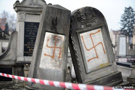 Swastikas daubed on Jewish gravestones, Strasbourg