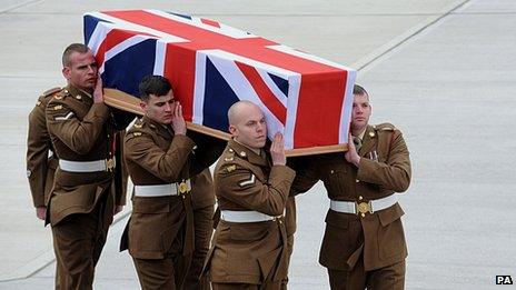 Six soldier carry a coffin draped in the Union Flag