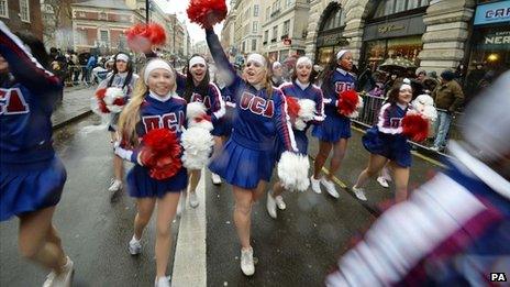 Cheerleaders taking part in the London New Year parade