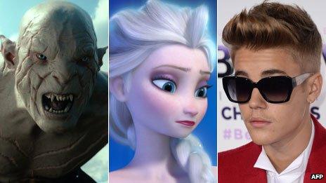 Justin Bieber (r) next to images from The Hobbit: The Desolation of Smaug and Frozen