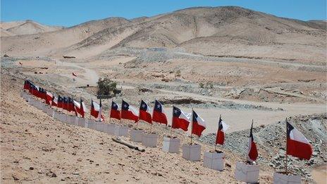 Flags at the San Jose mine in Chile