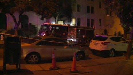 A fire truck outside the Chinese consulate